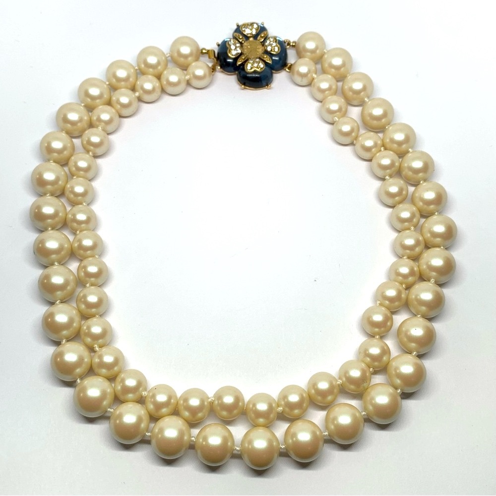 Liz Claiborne Cream Pearl Double Strand Necklace with Gold Floral Clasp